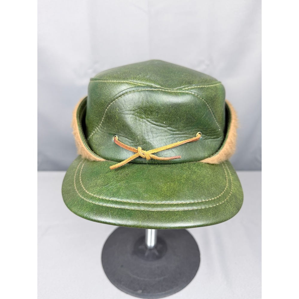 Vintage Green Leather Trapper Hat Faux Fur Ear Flaps Quilted Lining Size 7 1/8